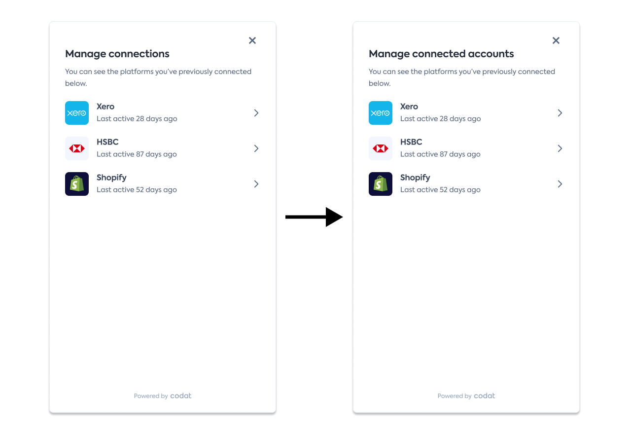 Screenshot showing the Connection Management SDK landing page before and after the change, with the old title 'Manage connections' replaced by the new title 'Manage connected accounts'.